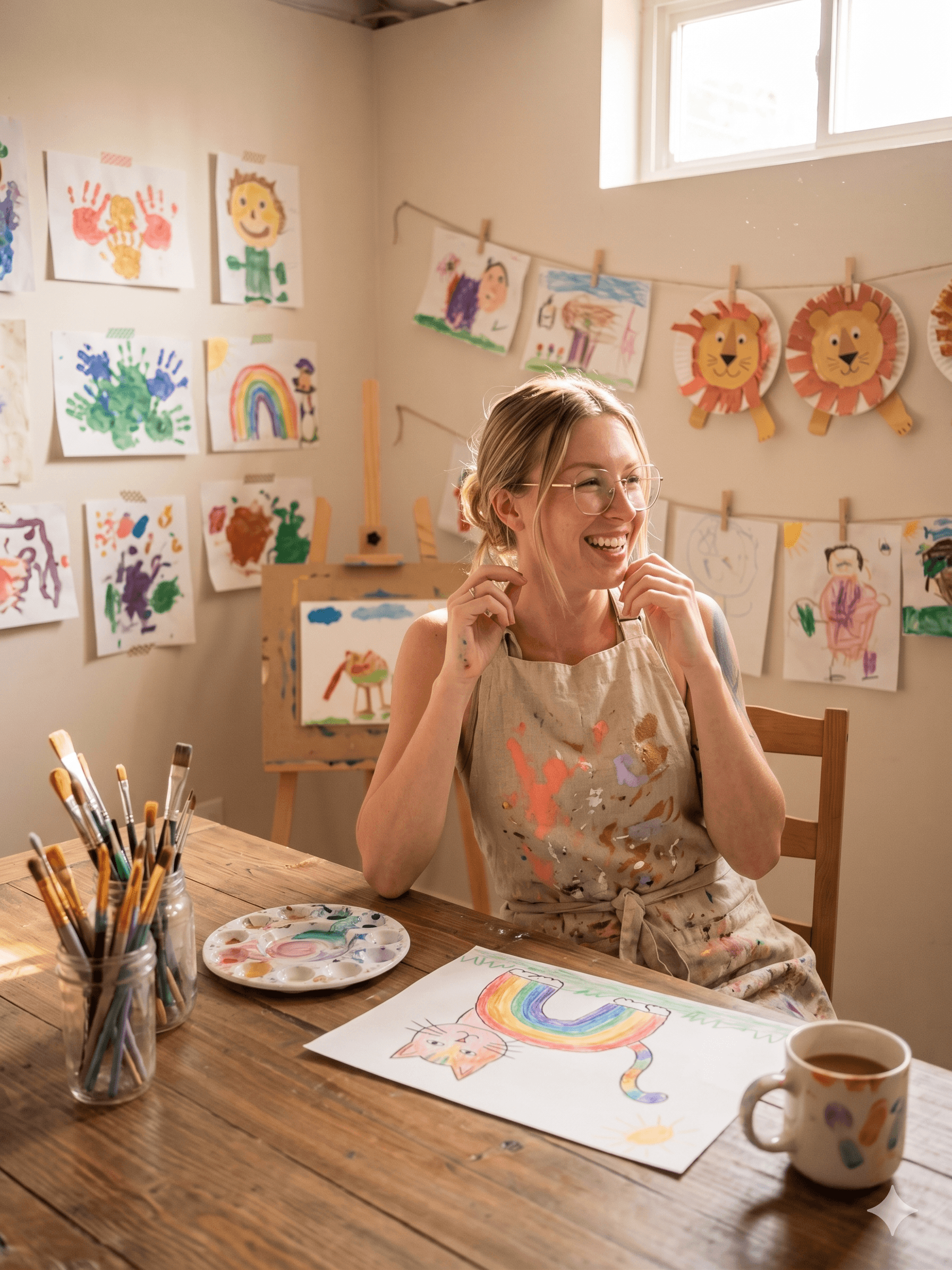 Tiffany in her basement art studio, surrounded by kids' artwork